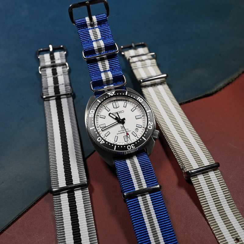 Premium Nato Strap in Navy White Grey (Crest)