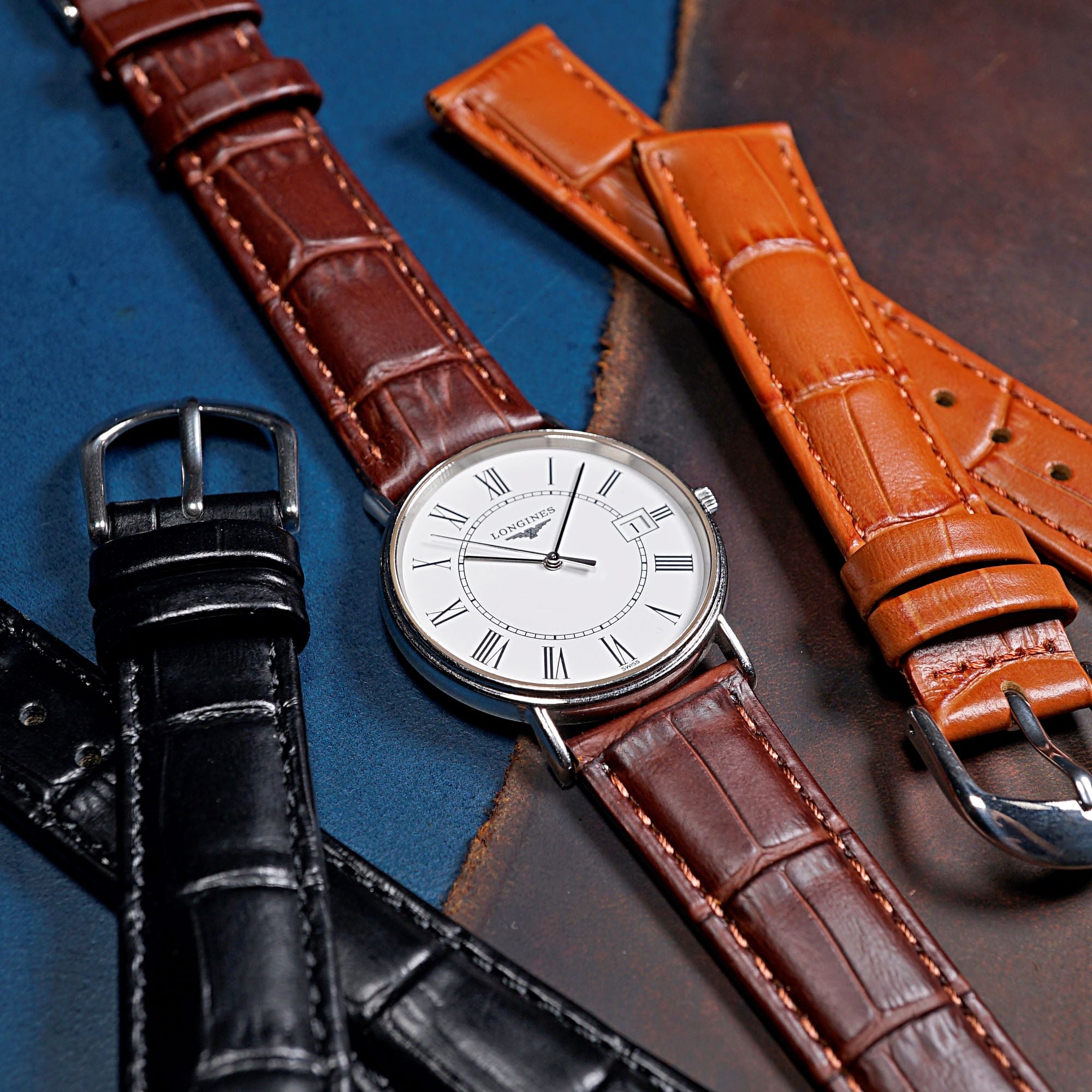 Genuine Croc Pattern Stitched Leather Watch Strap in Brown