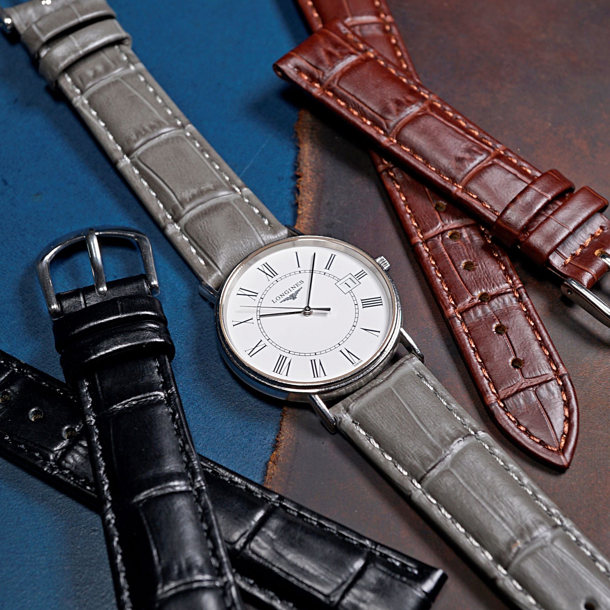 Genuine Croc Pattern Stitched Leather Watch Strap in Grey