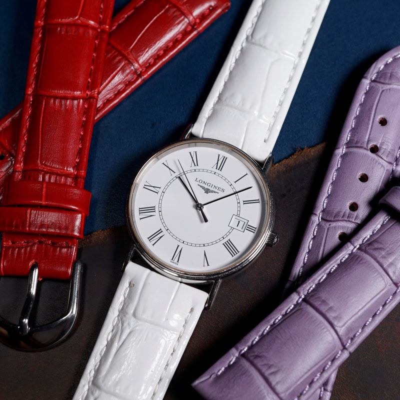 Genuine Croc Pattern Stitched Leather Watch Strap in White
