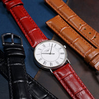 Genuine Croc Pattern Stitched Leather Watch Strap in Red