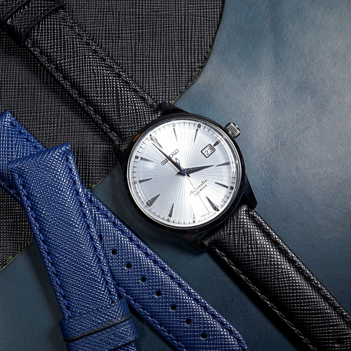 Premium Saffiano Leather Strap in Black