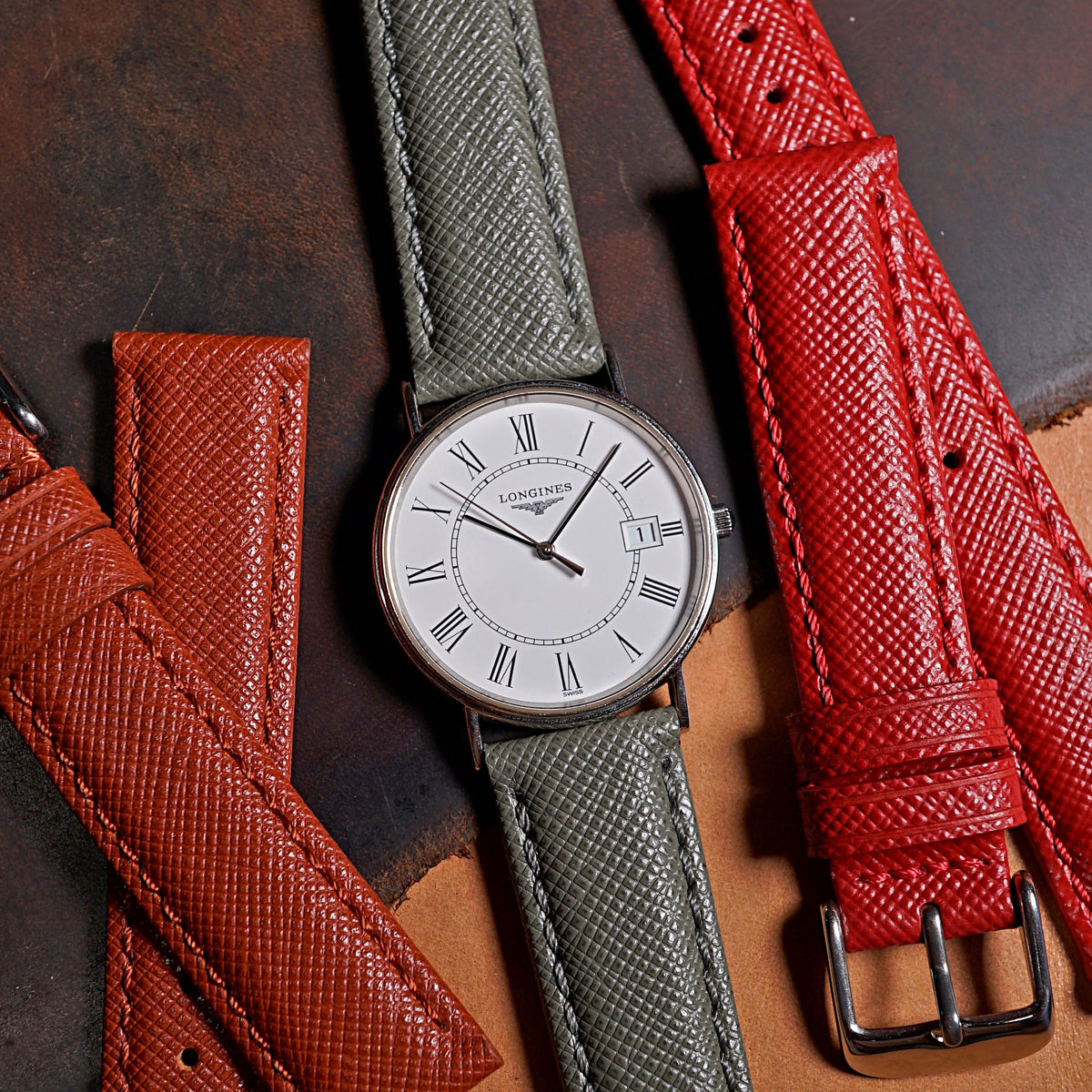 Premium Saffiano Leather Strap in Grey