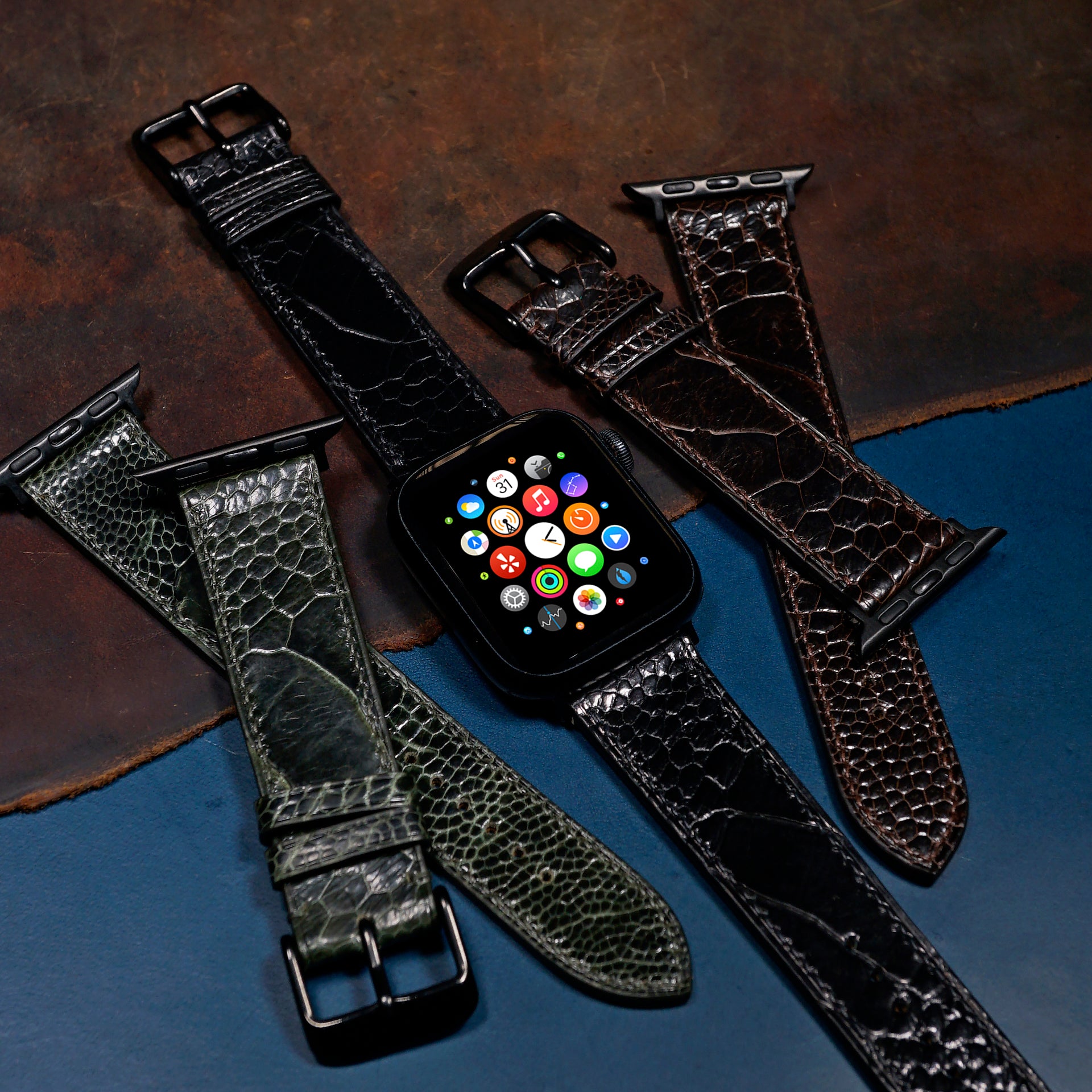 Ostrich Leather Watch Strap in Black (Apple Watch)