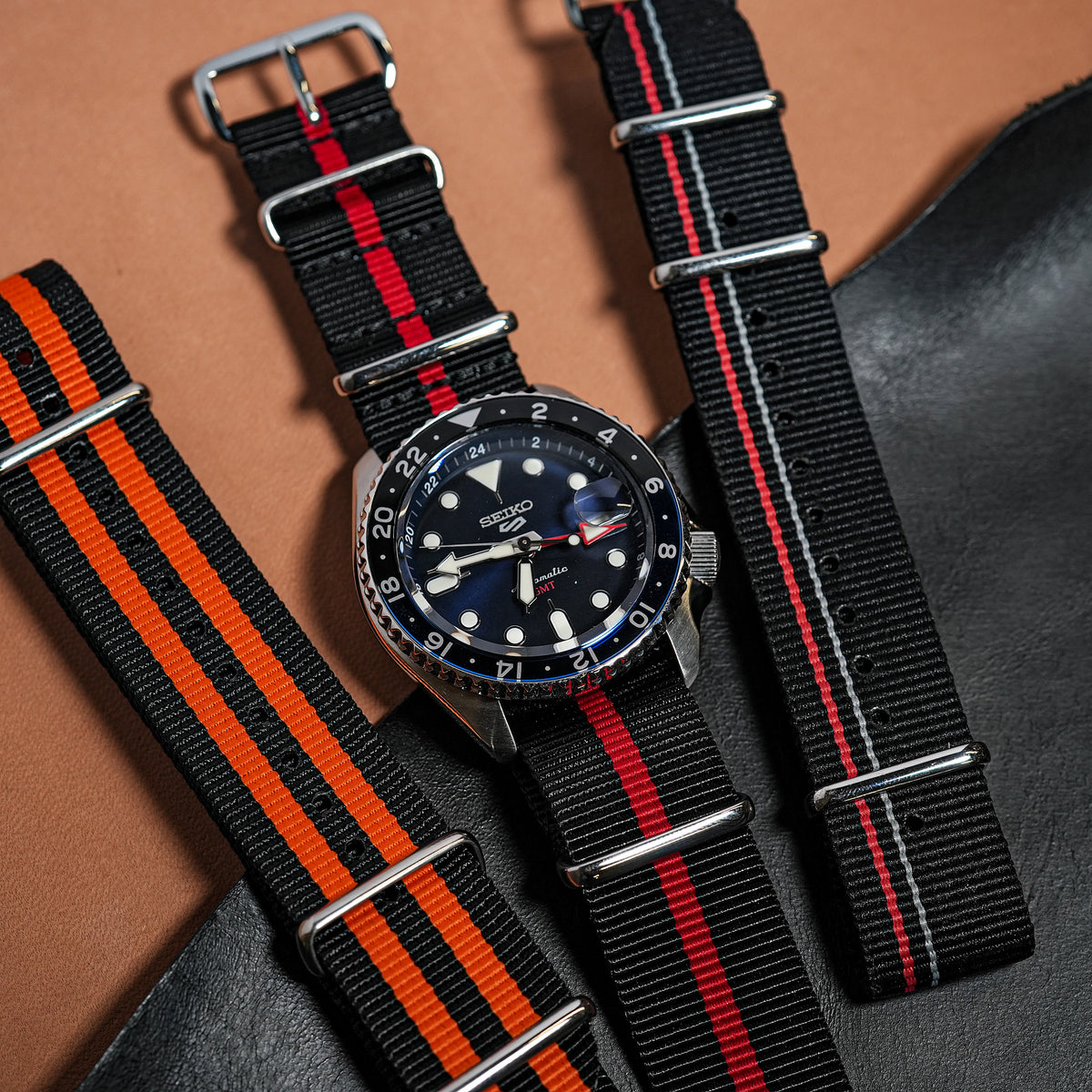 Premium Nato Strap in Black Center Red