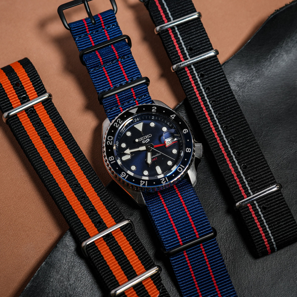 Premium Nato Strap in Blue Double Red