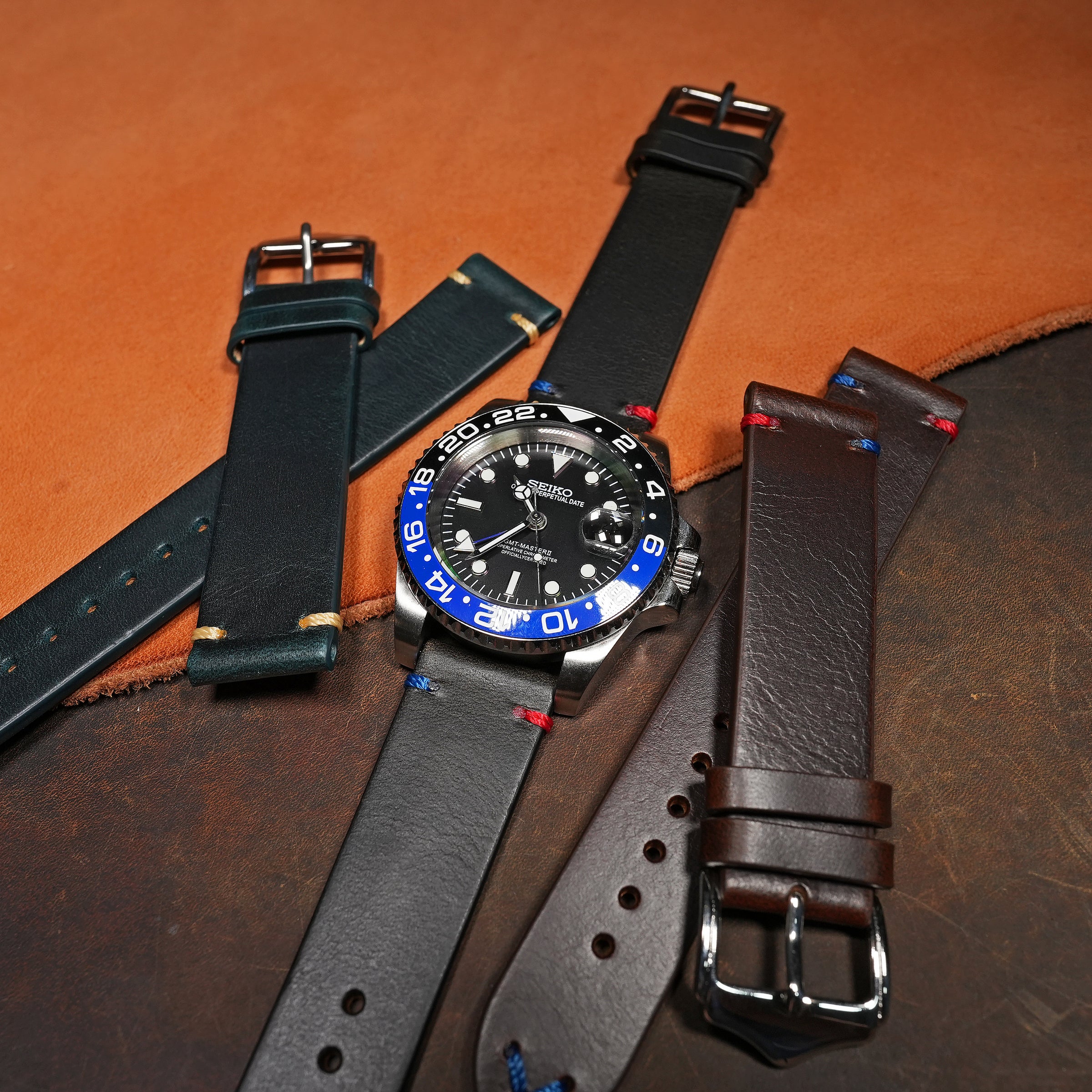 Premium Vintage Oil Waxed Leather Watch Strap in Black - Pepsi