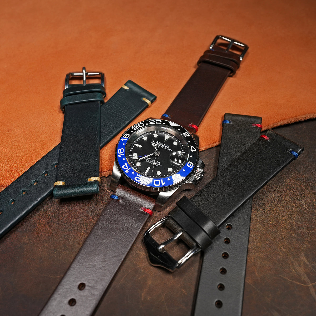 Premium Vintage Oil Waxed Leather Watch Strap in Brown - Pepsi