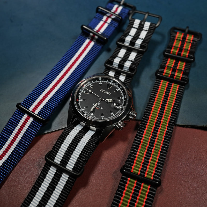 Premium Nato Strap in Black White Small Stripes