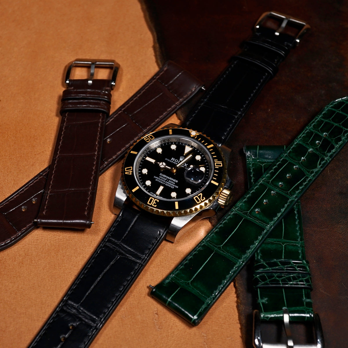 Alligator Leather Watch Strap in Black (Non-Glossy)