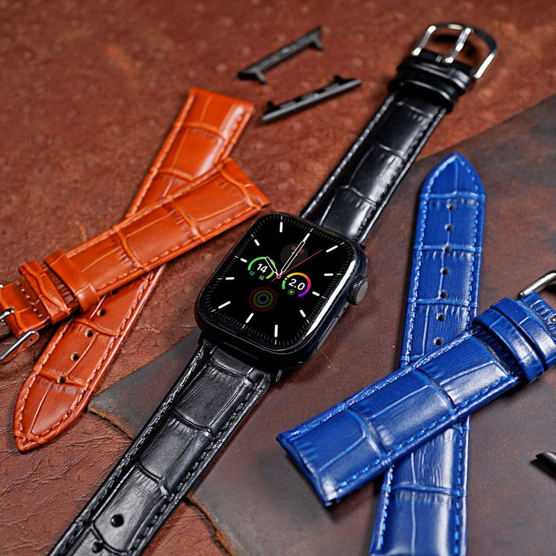 Genuine Croc Pattern Stitched Leather Strap in Black (Apple Watch)