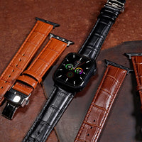 Genuine Croc Pattern Leather Watch Strap in Black w/ Butterfly Clasp (Apple Watch)