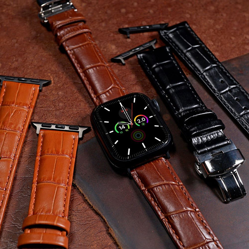Genuine Croc Pattern Leather Watch Strap in Brown w/ Butterfly Clasp (Apple Watch)