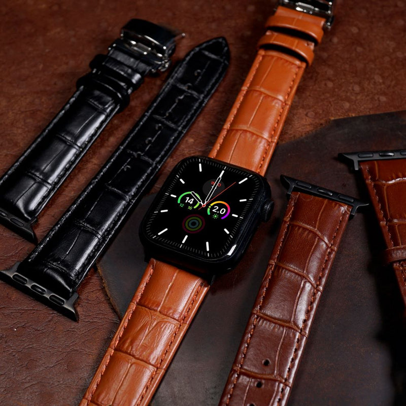 Genuine Croc Pattern Leather Watch Strap in Tan w/ Butterfly Clasp (Apple Watch)