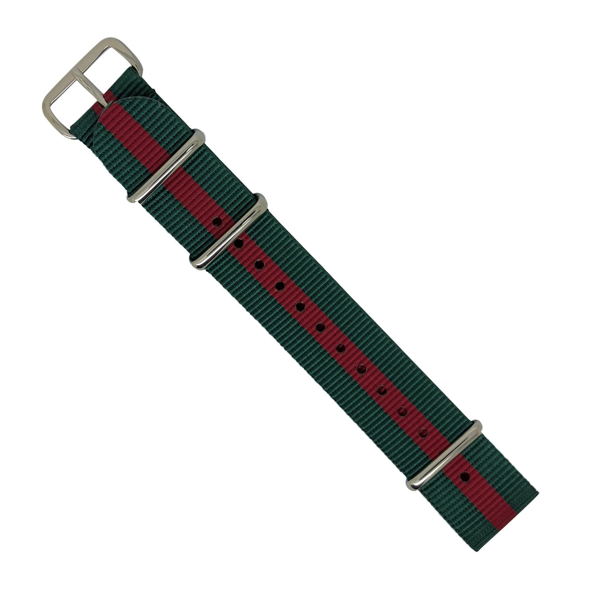Premium Nato Strap in Green Red with Polished Silver Buckle (20mm) - Nomadstore Singapore