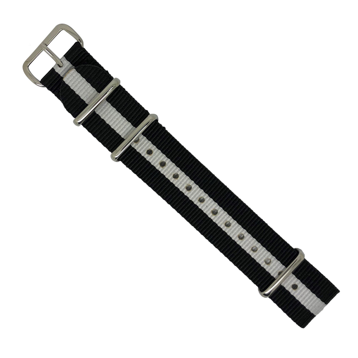 Premium Nato Strap in Black White with Polished Silver Buckle (20mm) - Nomadstore Singapore