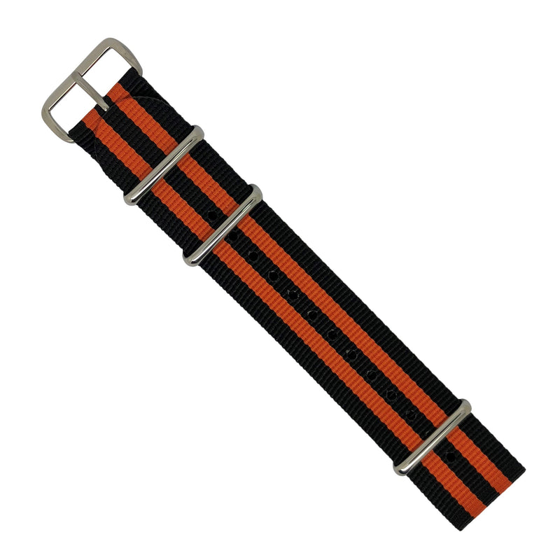 Premium Nato Strap in Black Orange Small Stripes with Polished Silver Buckle (22mm) - Nomadstore Singapore