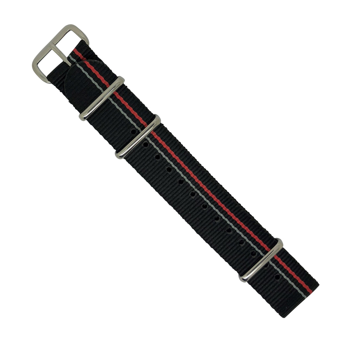 Premium Nato Strap in Black Blue Red Small Stripes with Polished Silver Buckle (20mm) - Nomadstore Singapore