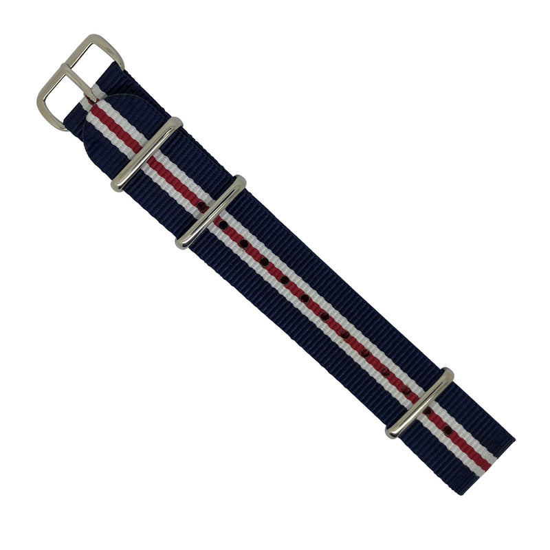 Premium Nato Strap in Navy White Red (Crest) with Polished Silver Buckle (20mm) - Nomadstore Singapore