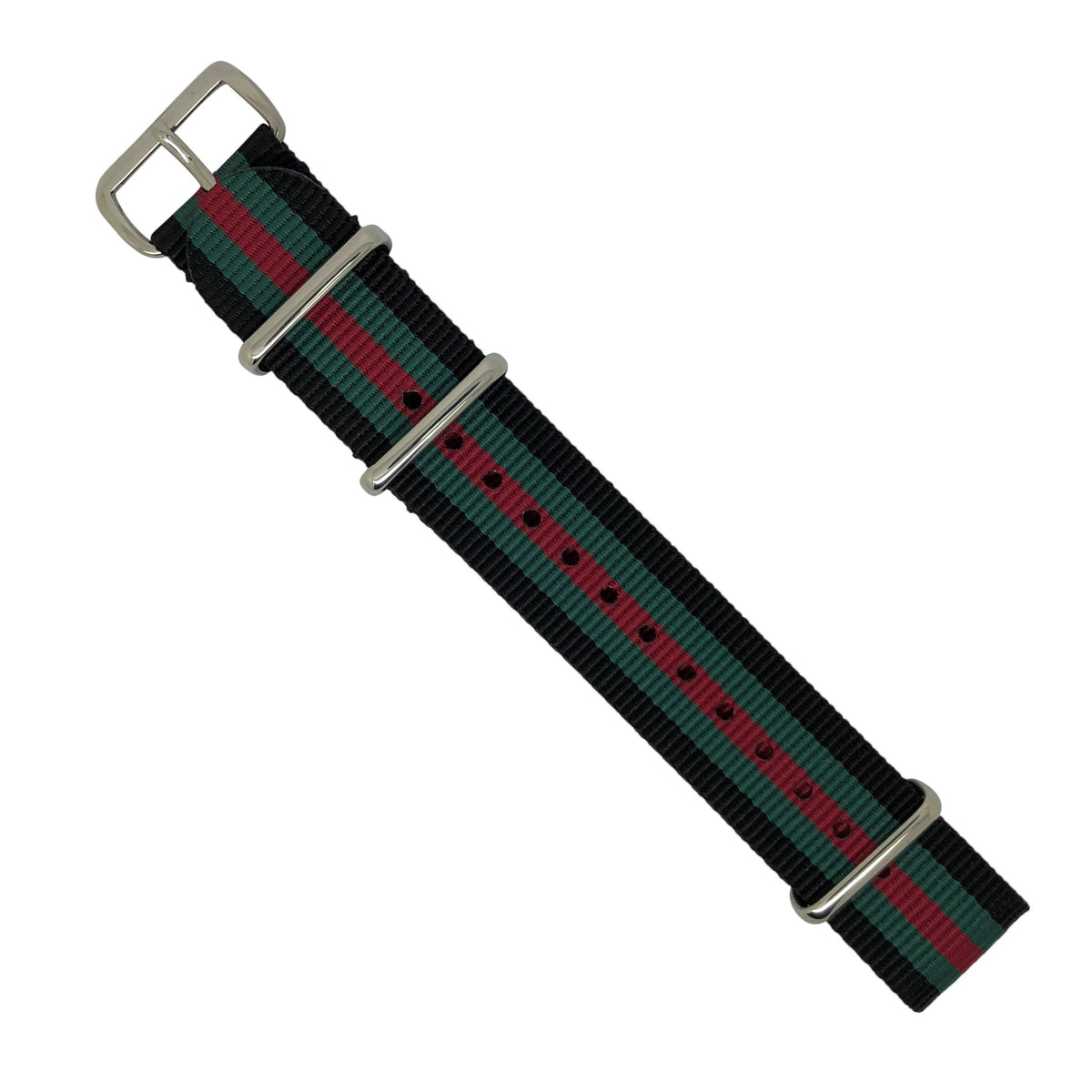 Premium Nato Strap in Black Green Red with Polished Silver Buckle (20mm) - Nomadstore Singapore