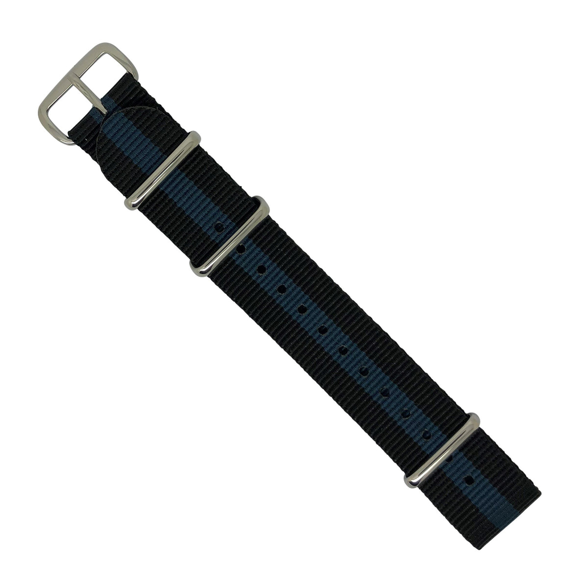 Premium Nato Strap in Black Blue with Polished Silver Buckle (20mm) - Nomadstore Singapore