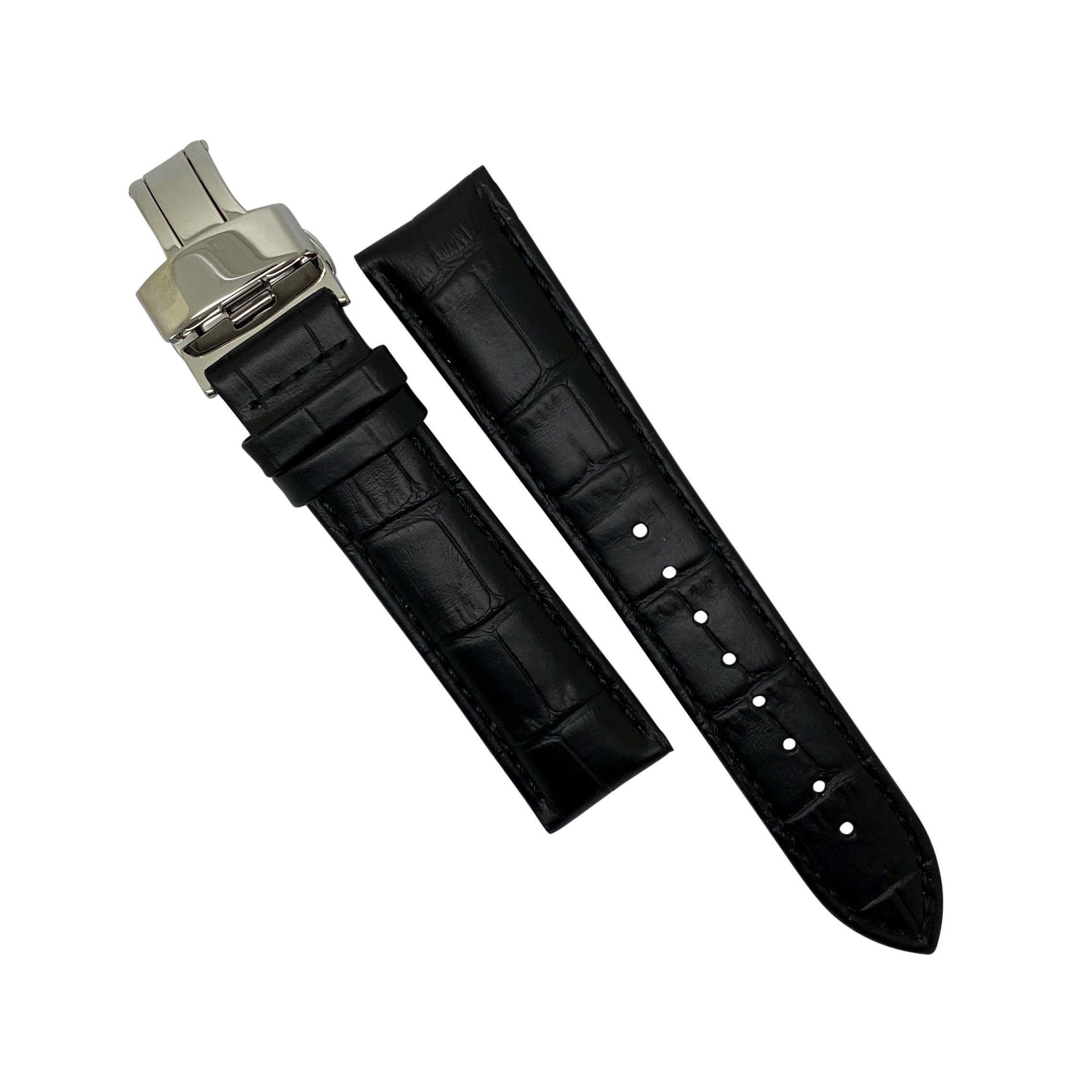 Genuine Croc Pattern Leather Watch Strap in Black w/ Butterfly Clasp