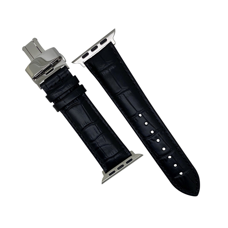 Genuine Croc Pattern Leather Watch Strap in Black w/ Butterfly Clasp (Apple Watch)