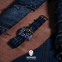 Premium Nato Strap in Black Blue Small Stripes