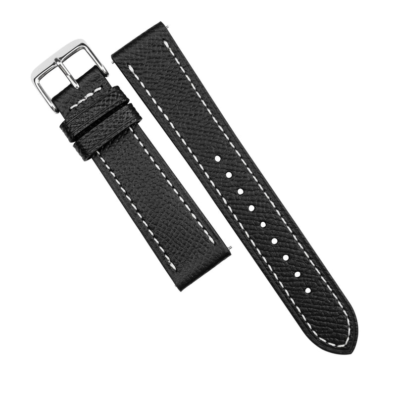 Dress Epsom Leather Strap in Black w/ White Stitching