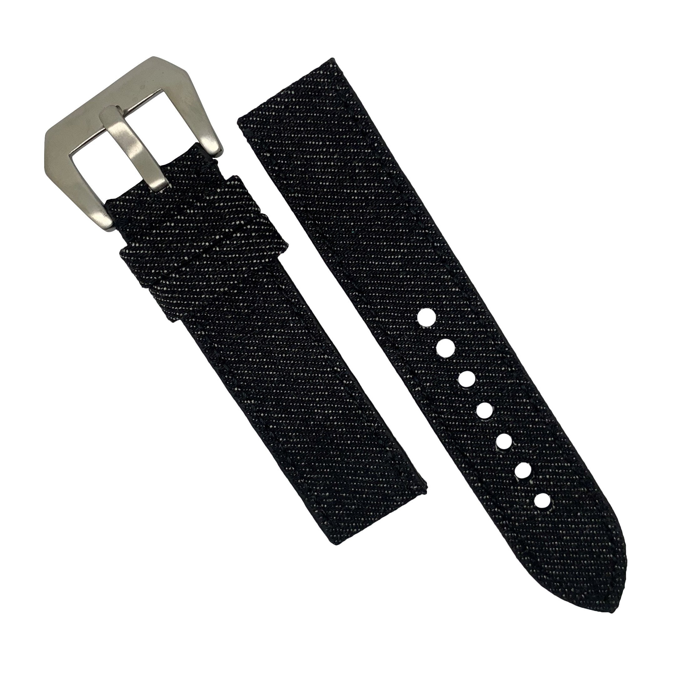 Japanese Dry Denim Strap in Black with Silver Buckle (20mm) - Nomad watch Works