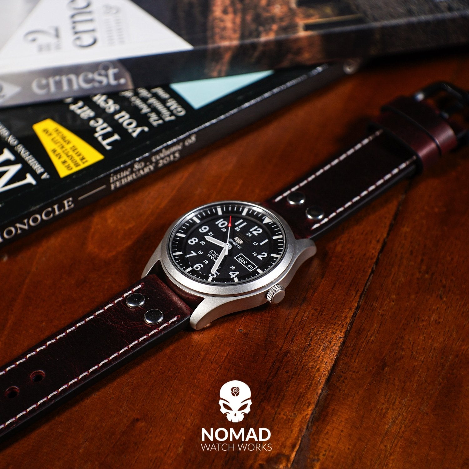 Premium Pilot Oil Waxed Leather Watch Strap in Maroon