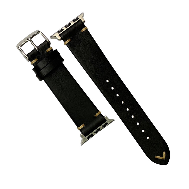 Premium Vintage Oil Waxed Leather Strap in Black (Apple Watch)