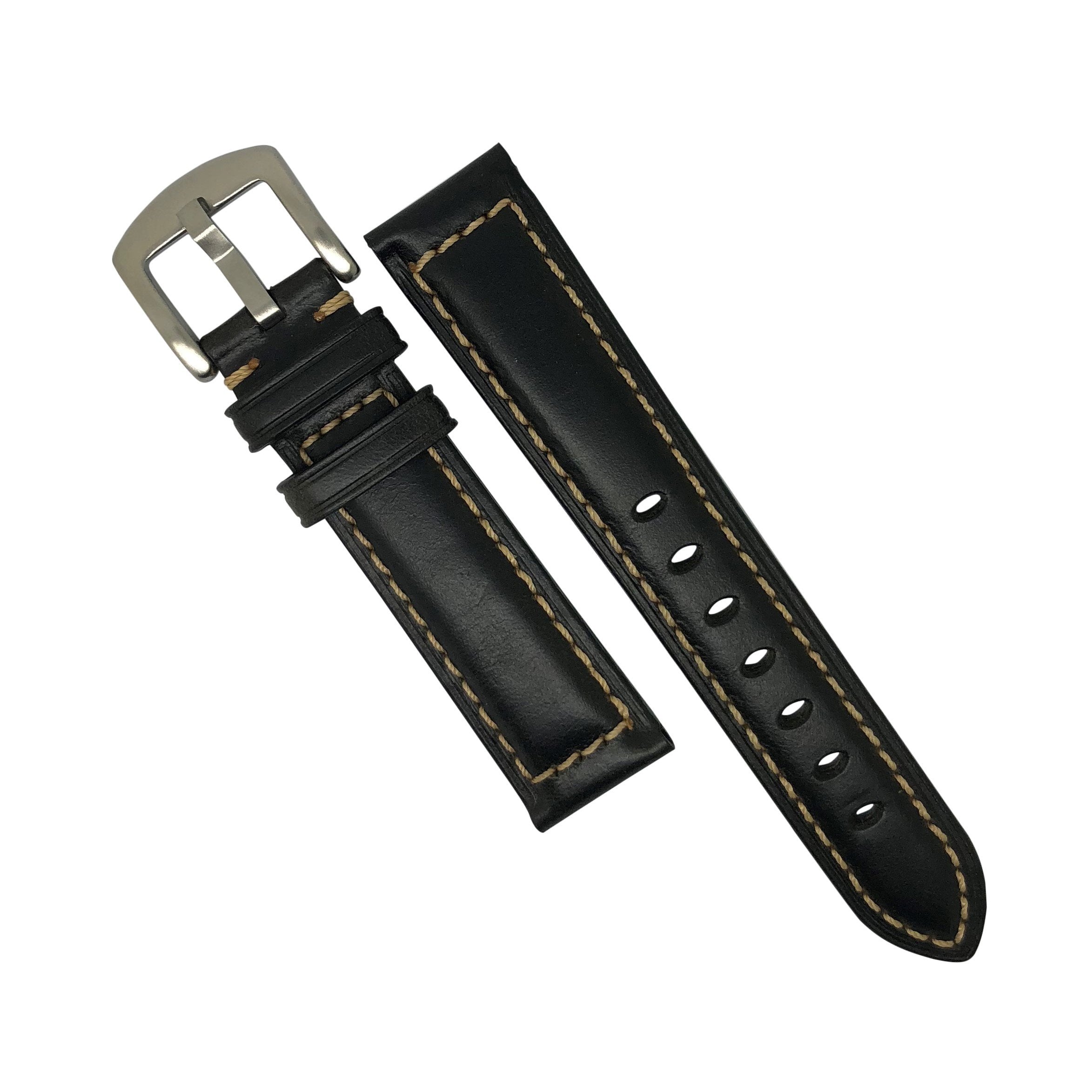 M2 Oil Waxed Leather Watch Strap in Black with Silver Buckle (20mm) - Nomadstore Singapore