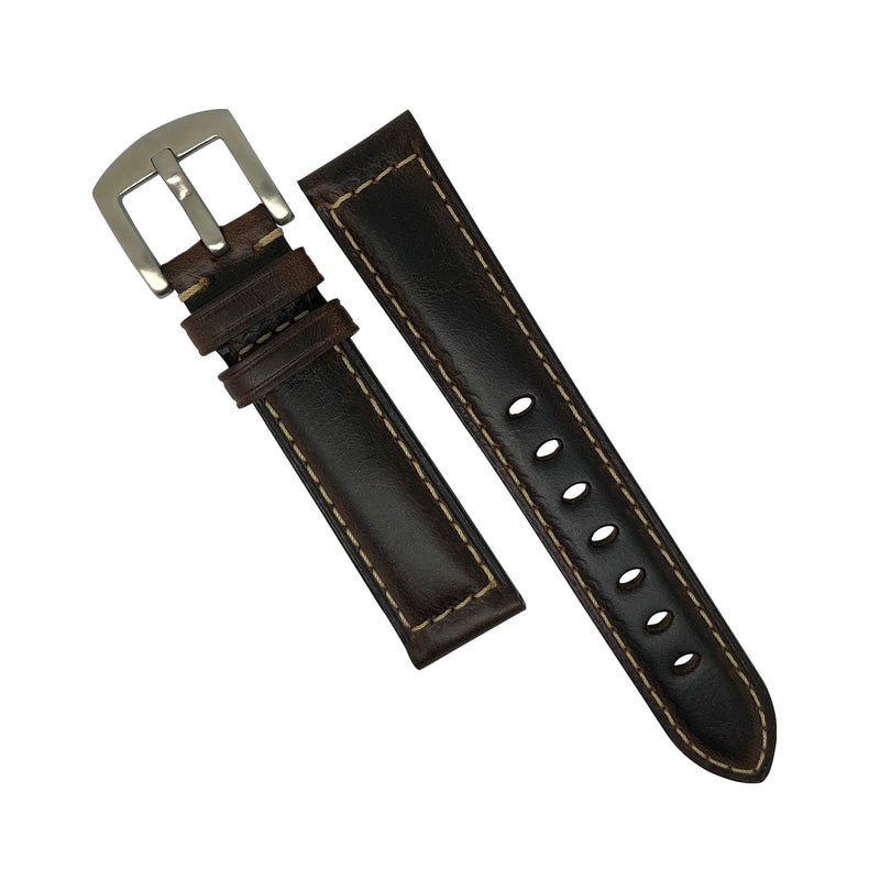 M2 Oil Waxed Leather Watch Strap in Brown with Silver Buckle (20mm) - Nomadstore Singapore