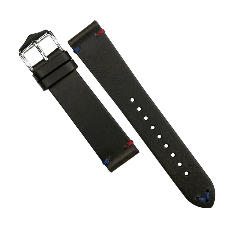 Premium Vintage Oil Waxed Leather Watch Strap in Black - Pepsi