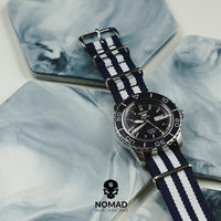Premium Nato Strap in Navy White Small Stripes with Polished Silver Buckle (22mm)