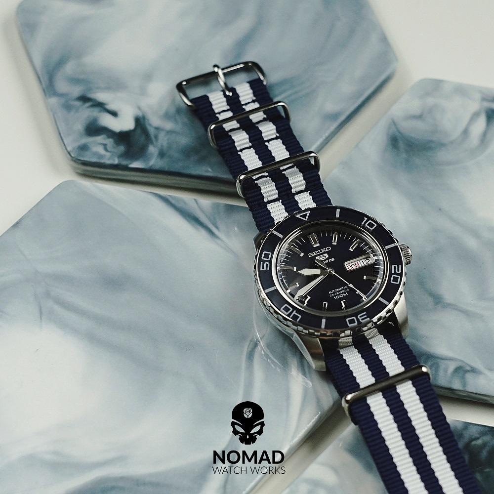 Premium Nato Strap in Navy White Small Stripes