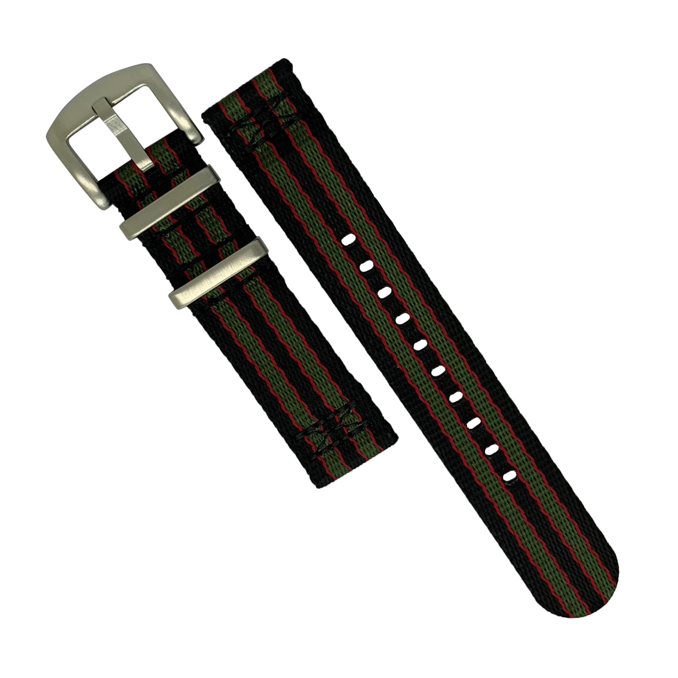 Two Piece Seat Belt Nato Strap in Black Green Red (James Bond) with Brushed Silver Buckle (20mm)