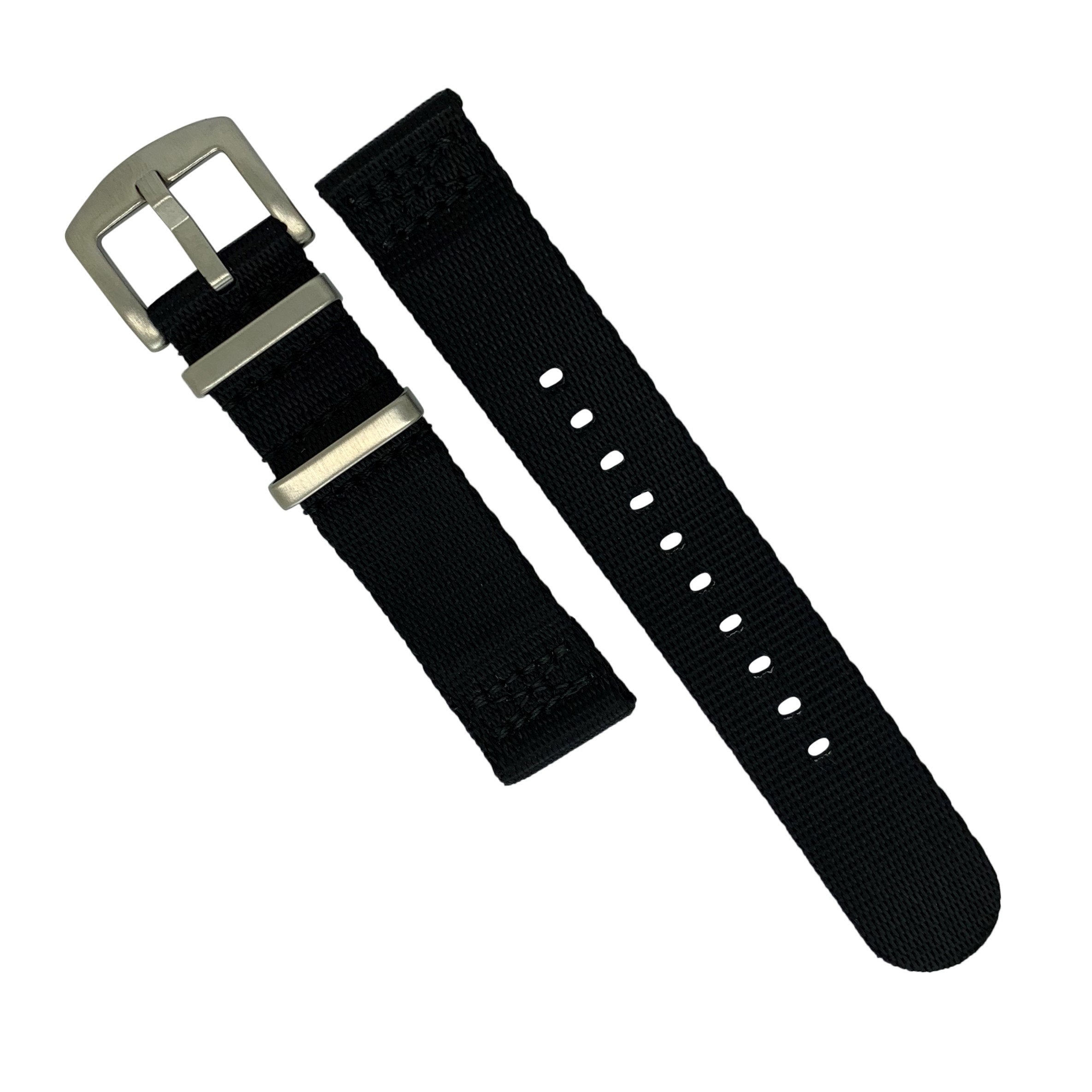 Two Piece Seat Belt Nato Strap in Black with Brushed Silver Buckle (20mm)