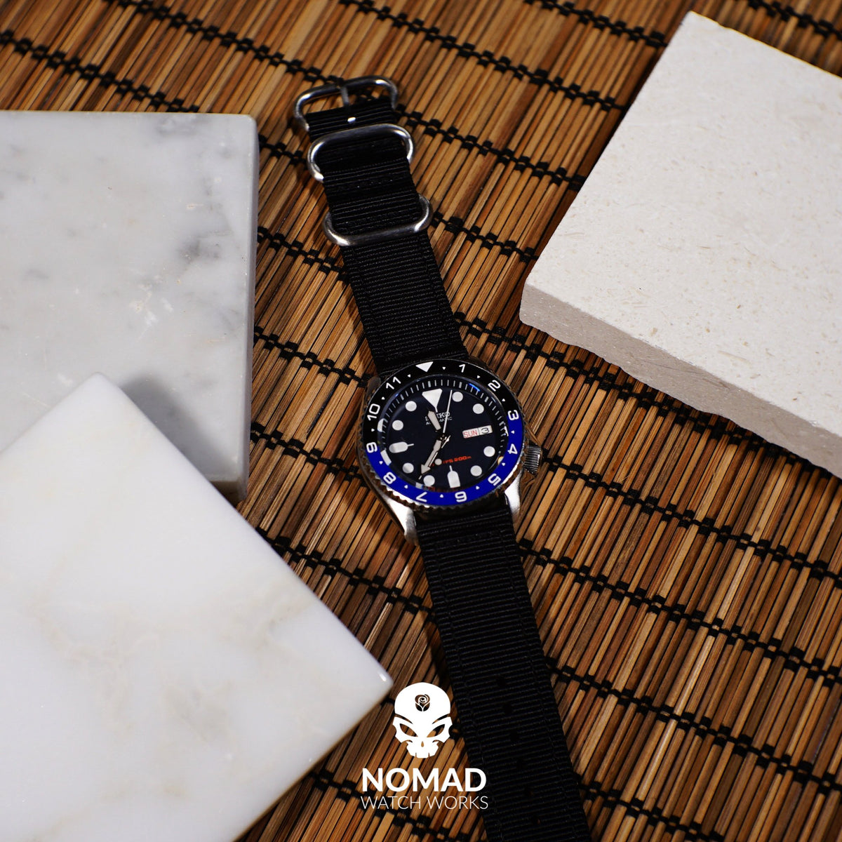 Two Piece Heavy Duty Zulu Strap in Black with Silver Buckle (20mm)