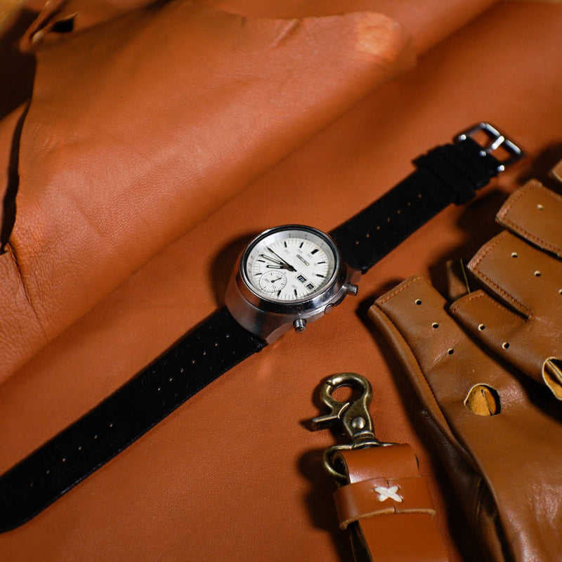 Premium Rally Suede Leather Watch Strap in Black