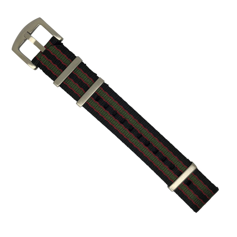 Seat Belt Nato Strap in Black Green Red (James Bond) with Brushed Silver Buckle (20mm)