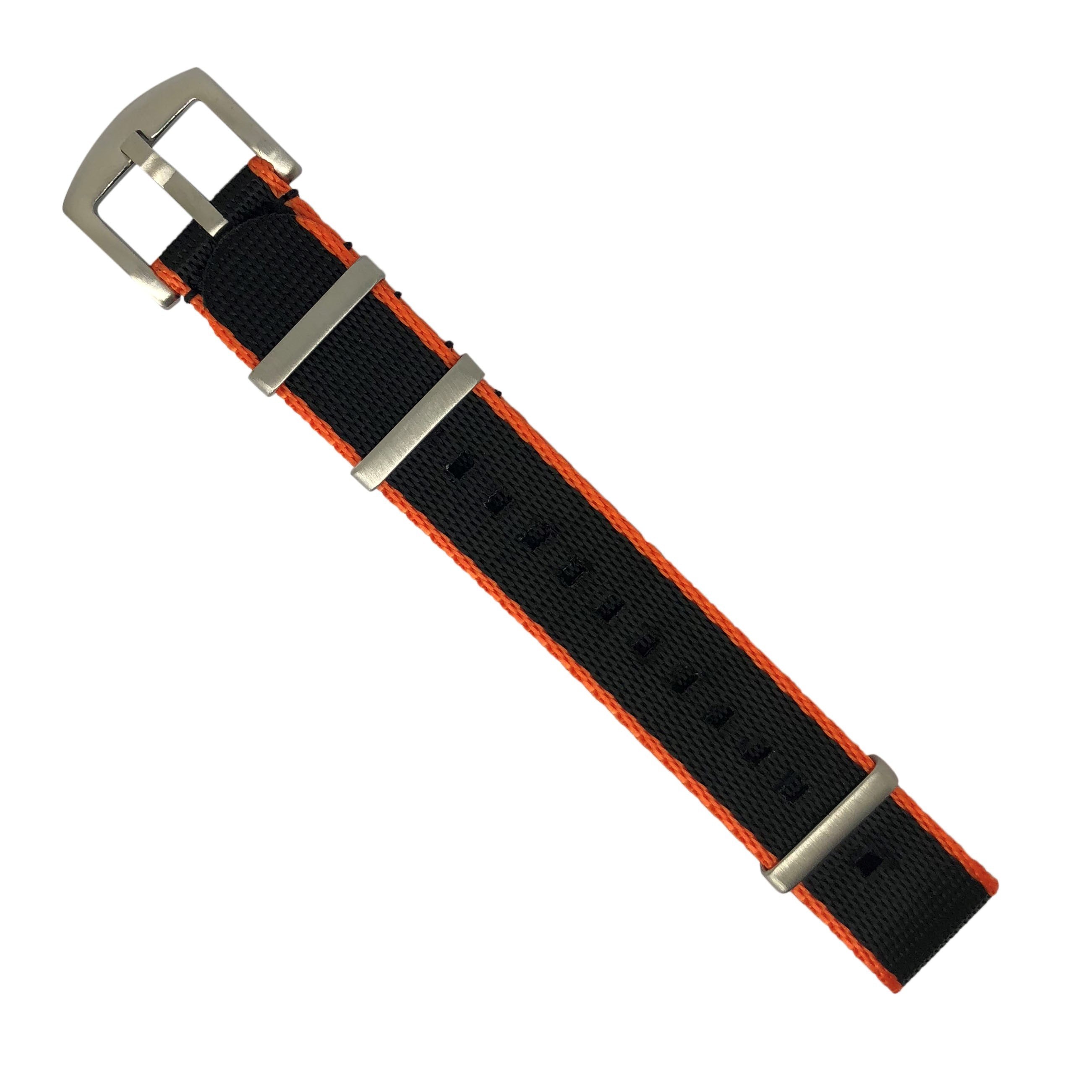 Seat Belt NATO Strap in Black with Orange Accent Silver 20mm