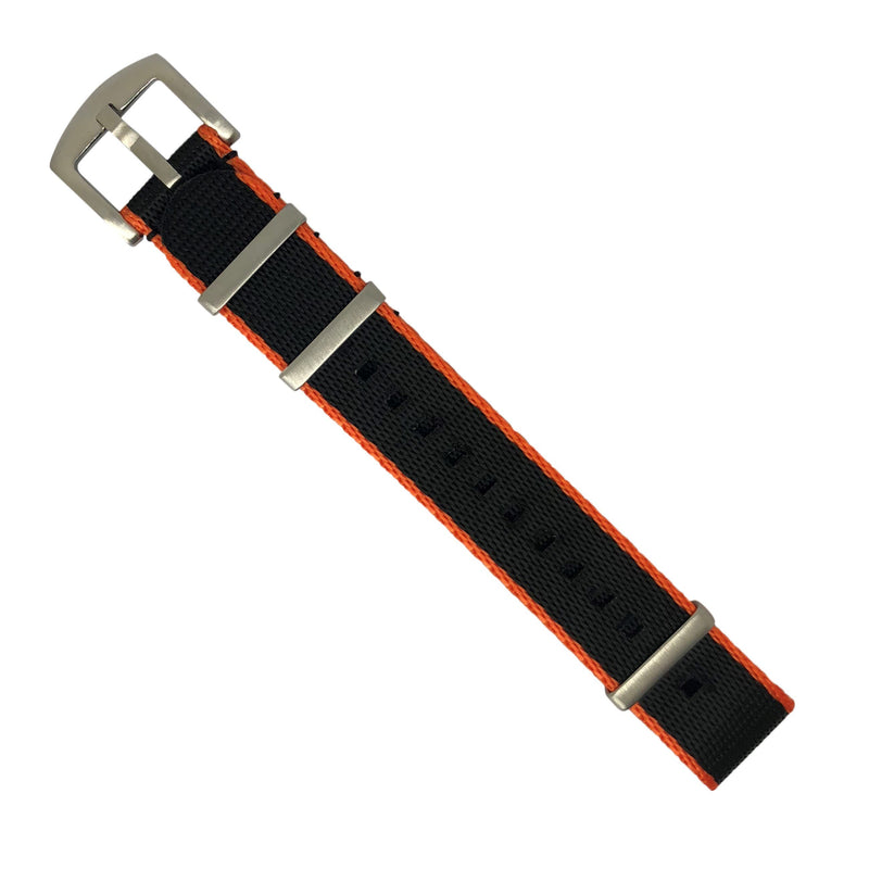 Seat Belt Nato Strap in Black with Orange Accent with Brushed Silver Buckle (20mm)
