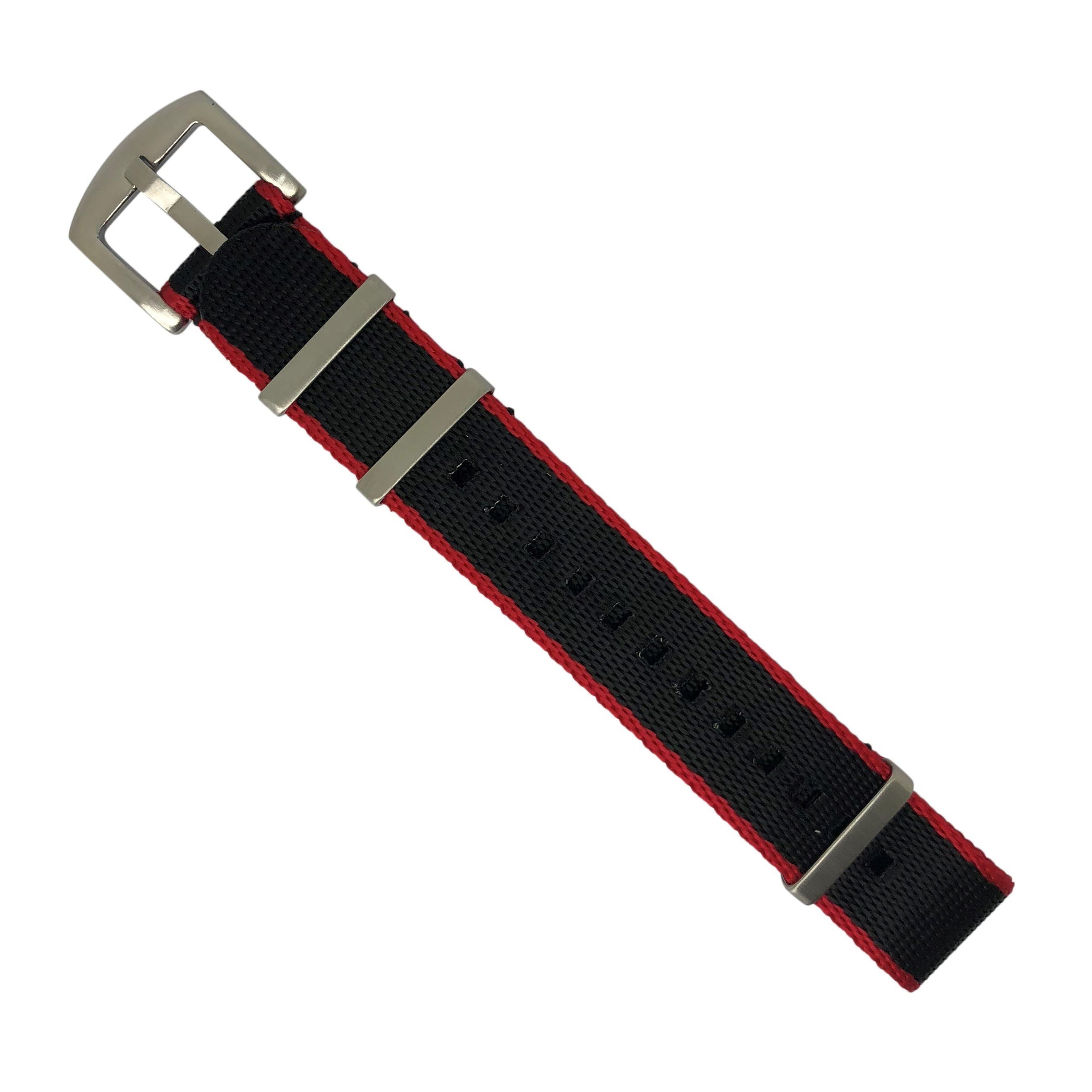 Seat Belt Nato Strap in Black with Red Accent with Brushed Silver Buckle (20mm)